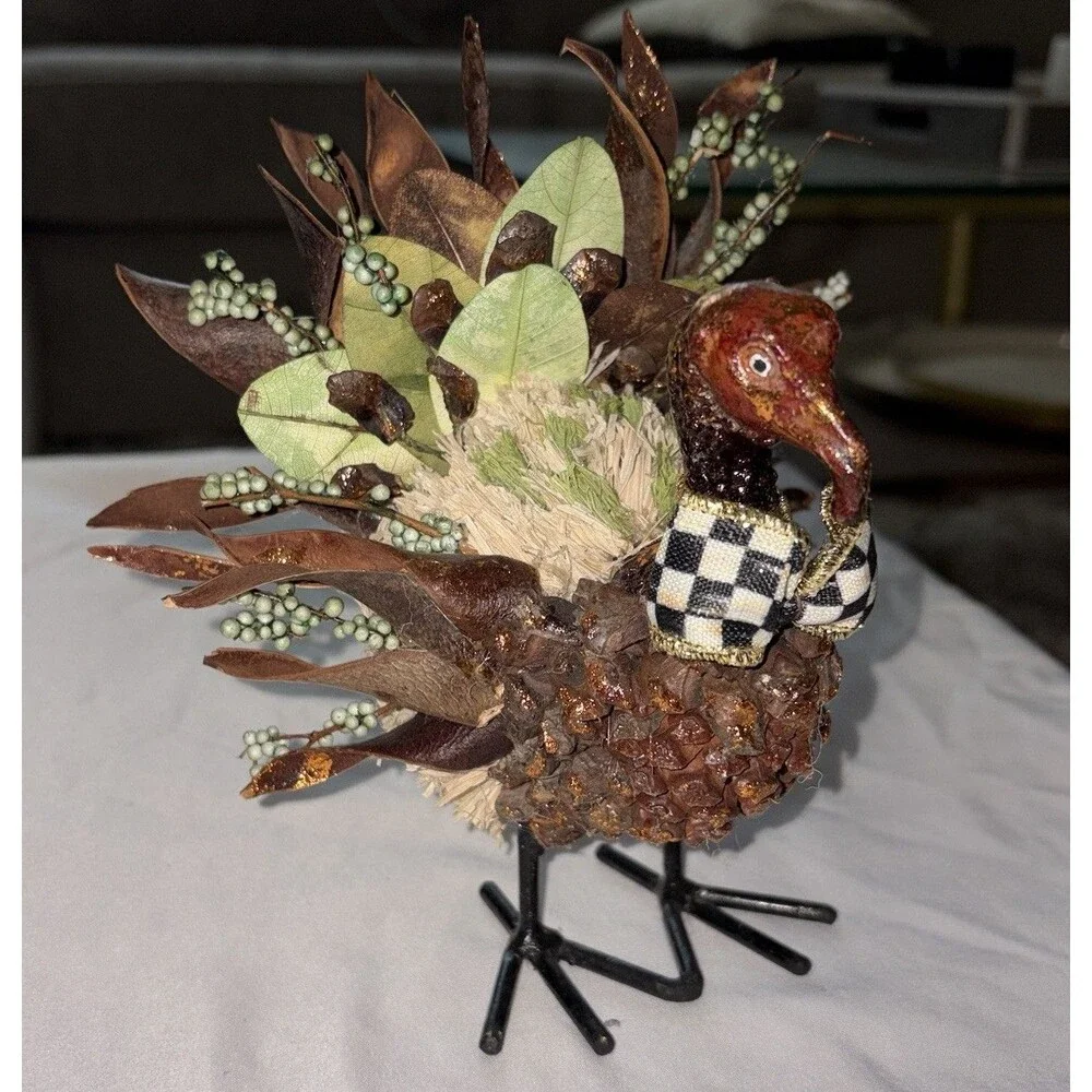 MacKenzie Childs Turkey Autumn Naturals Thanksgiving Courtly Check Ribbon 7.5